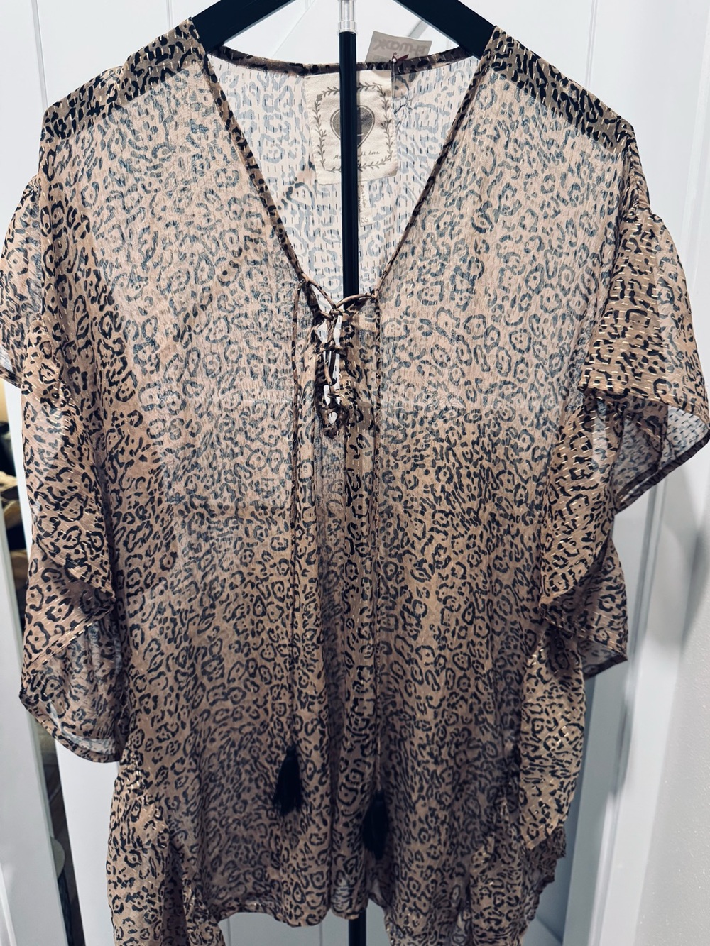 Leopard-Print Sheer V-Neck Tunic with Tassel Ties - Brown